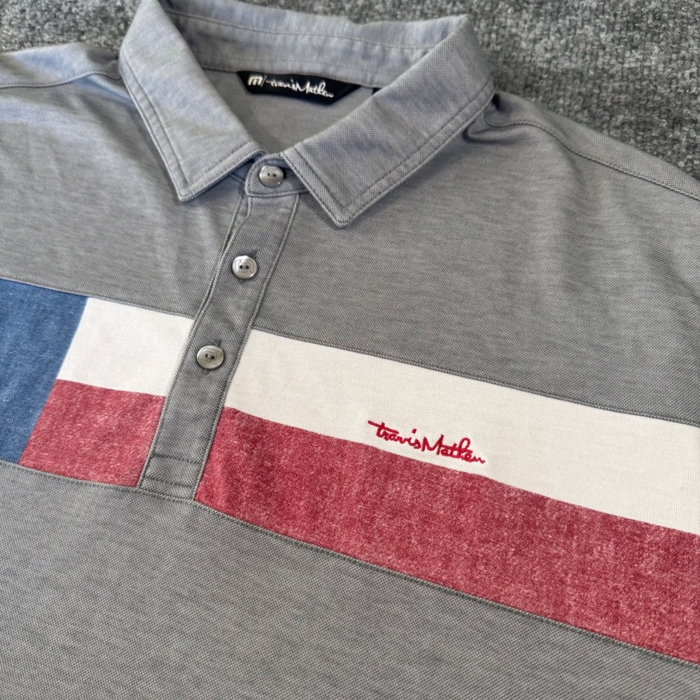 TravisMathew Polo Shirt Mens L Texas Flag Golf Performance Pique Gray L